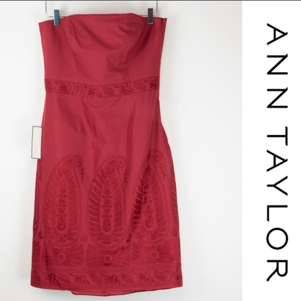 Ann Taylor Dress Cranberry Red Strapless Embroidered Size 10 NWT